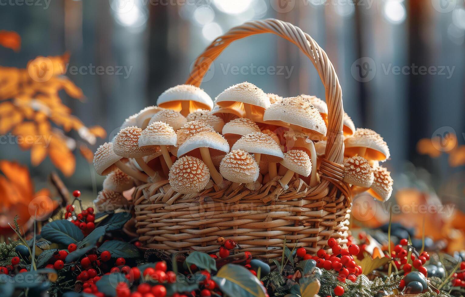 ai gerado vime cesta com cogumelos dentro a floresta foto