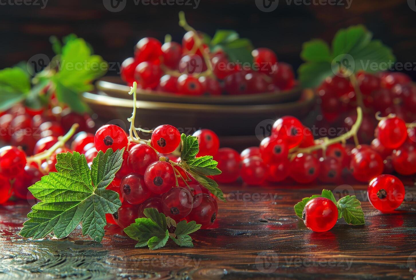 ai gerado vermelho groselhas em Sombrio rústico fundo foto