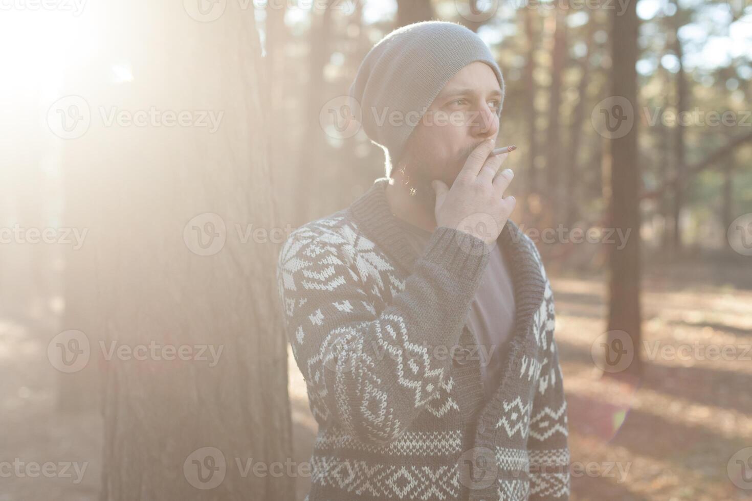 uma jovem homem com uma barba anda em dentro uma pinho floresta. retrato do uma brutal barbudo homem outono floresta foto