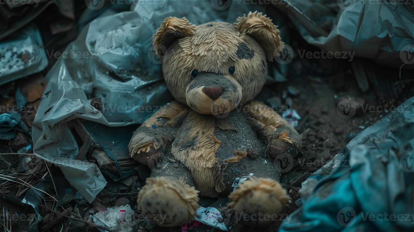 ai gerado quebrado Urso de pelúcia Urso dentro a Lixo foto