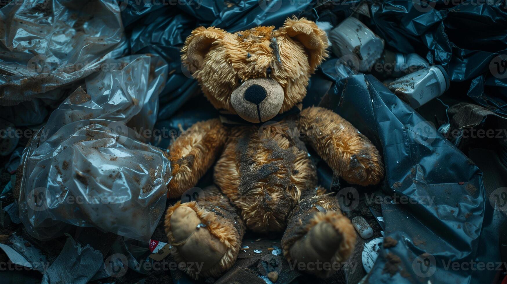 ai gerado quebrado Urso de pelúcia Urso dentro a Lixo foto