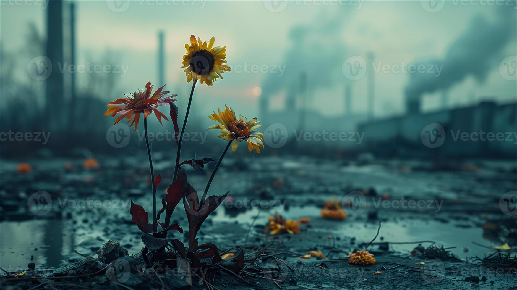 ai gerado flores morrendo a partir de ar poluição dentro poluição a partir de industrial fundo foto