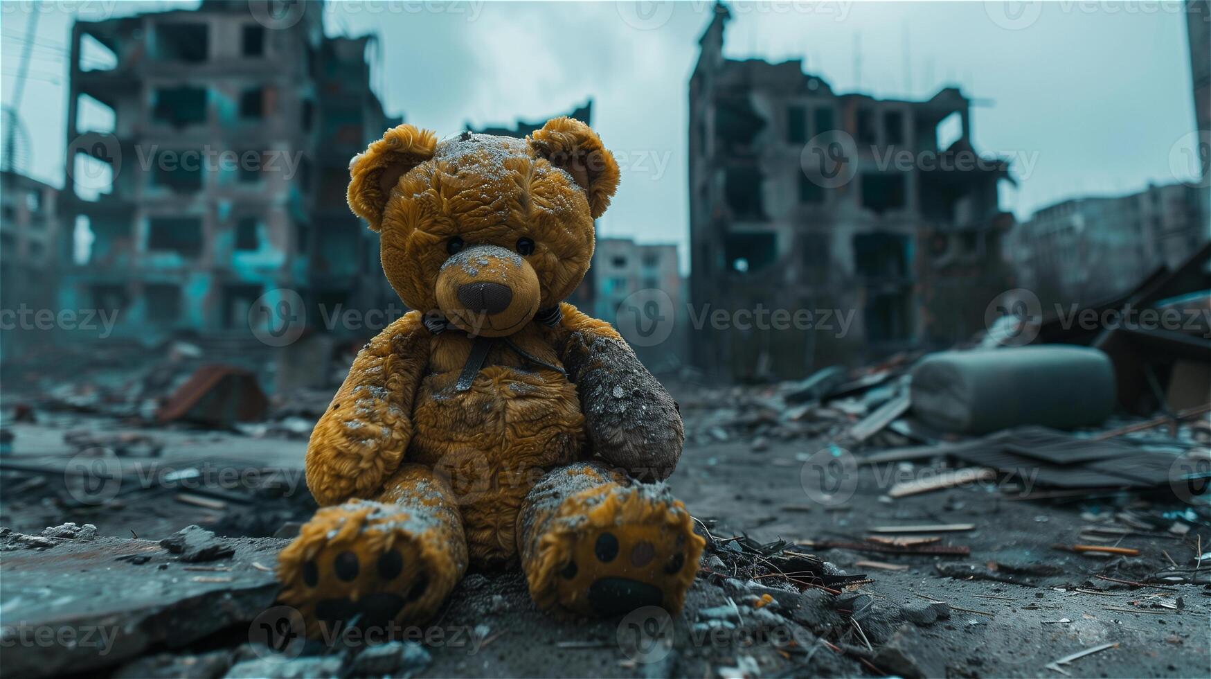 ai gerado descartado Urso de pelúcia Urso contra a fundo do uma destruído cidade foto