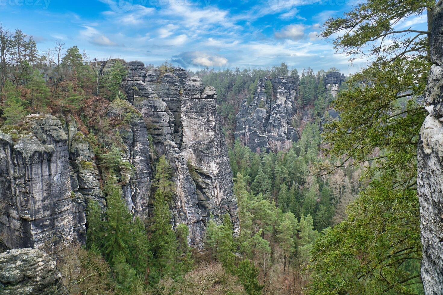 áspero pedras em a Basteibridge. Largo Visão sobre árvores e montanhas. nacional parque foto