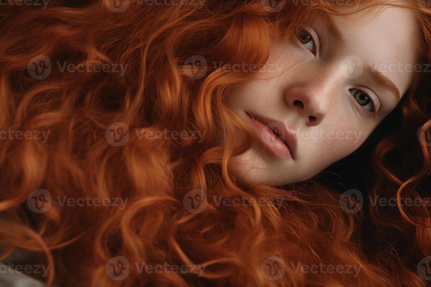 ai gerado fechar-se retrato do uma menina com encaracolado vermelho cabelo foto