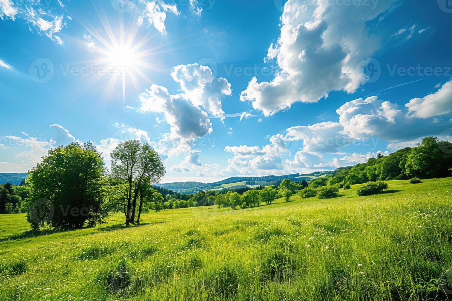 ai gerado prados debaixo azul céu com nuvens. foto