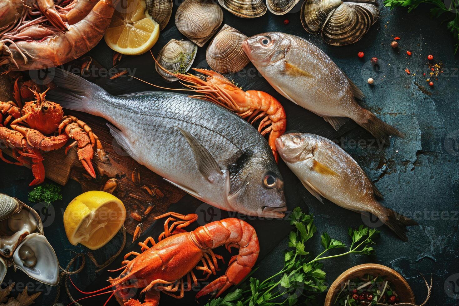 ai gerado panorâmico tiro do peixe e frutos do mar variedade. foto