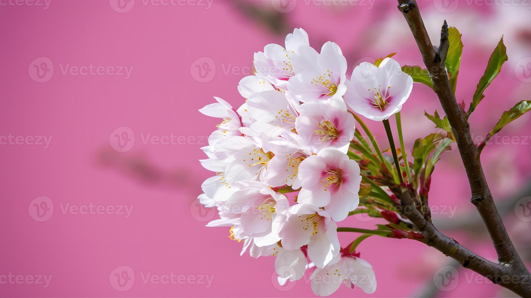 ai gerado cereja Flor sakura dentro cheio flor contra uma Rosa pano de fundo foto