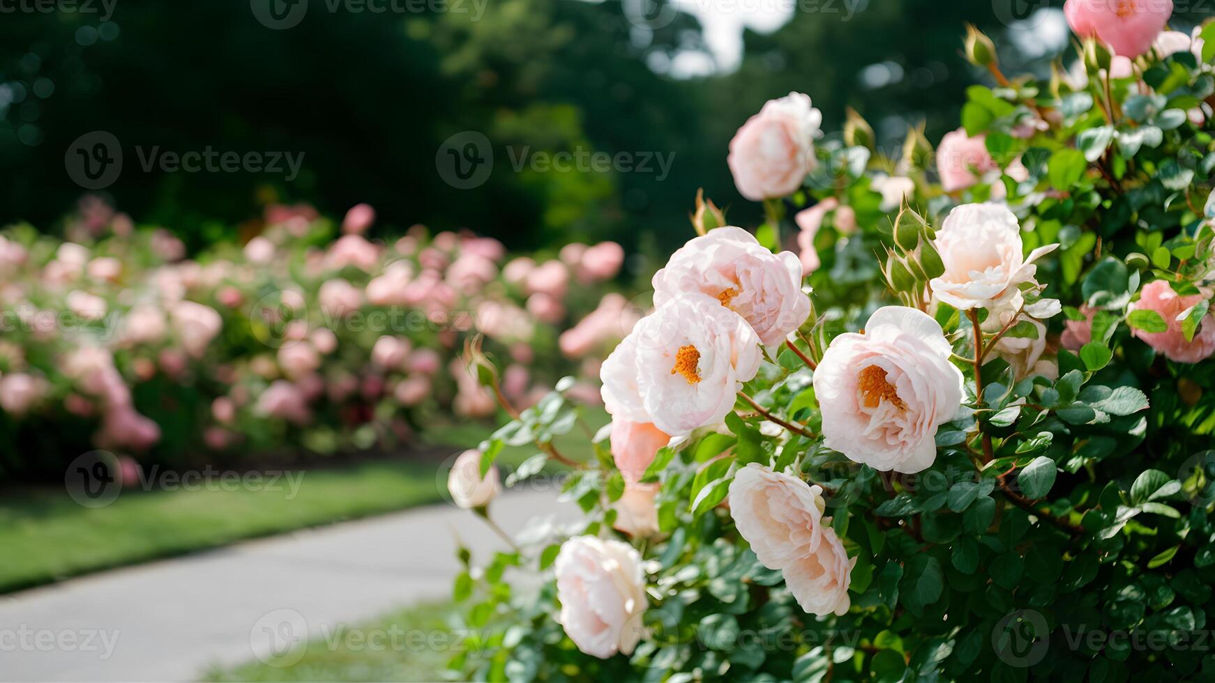 ai gerado verão jardim parque fundo com Rosa pálido rosas arbusto, bokeh foto