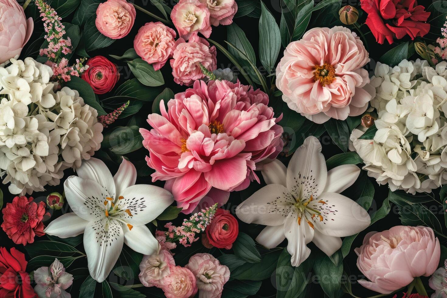 ai gerado barroco estilo vintage floral ilustração com vários flores em Preto fundo. foto