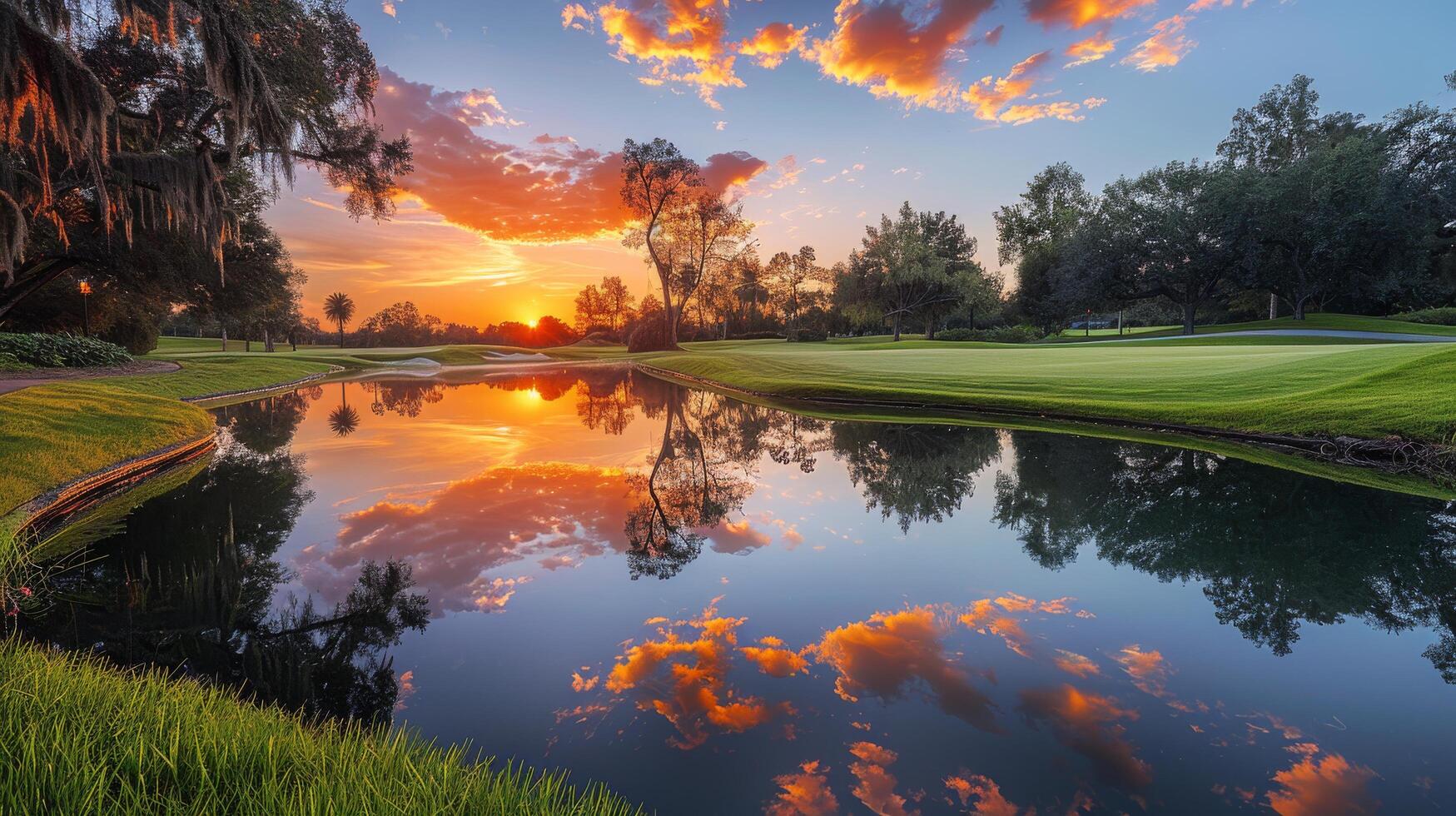 ai gerado majestoso pôr do sol sobre golfe curso com lagoa foto