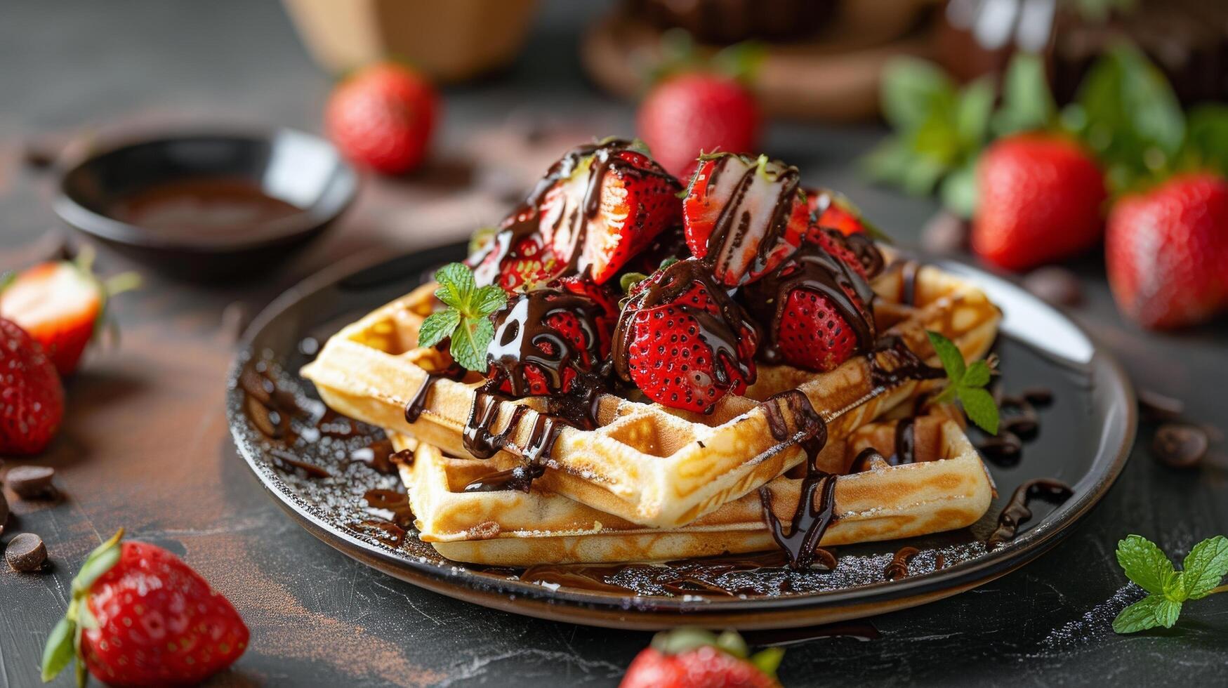 ai gerado delicioso waffles com xarope e morangos foto