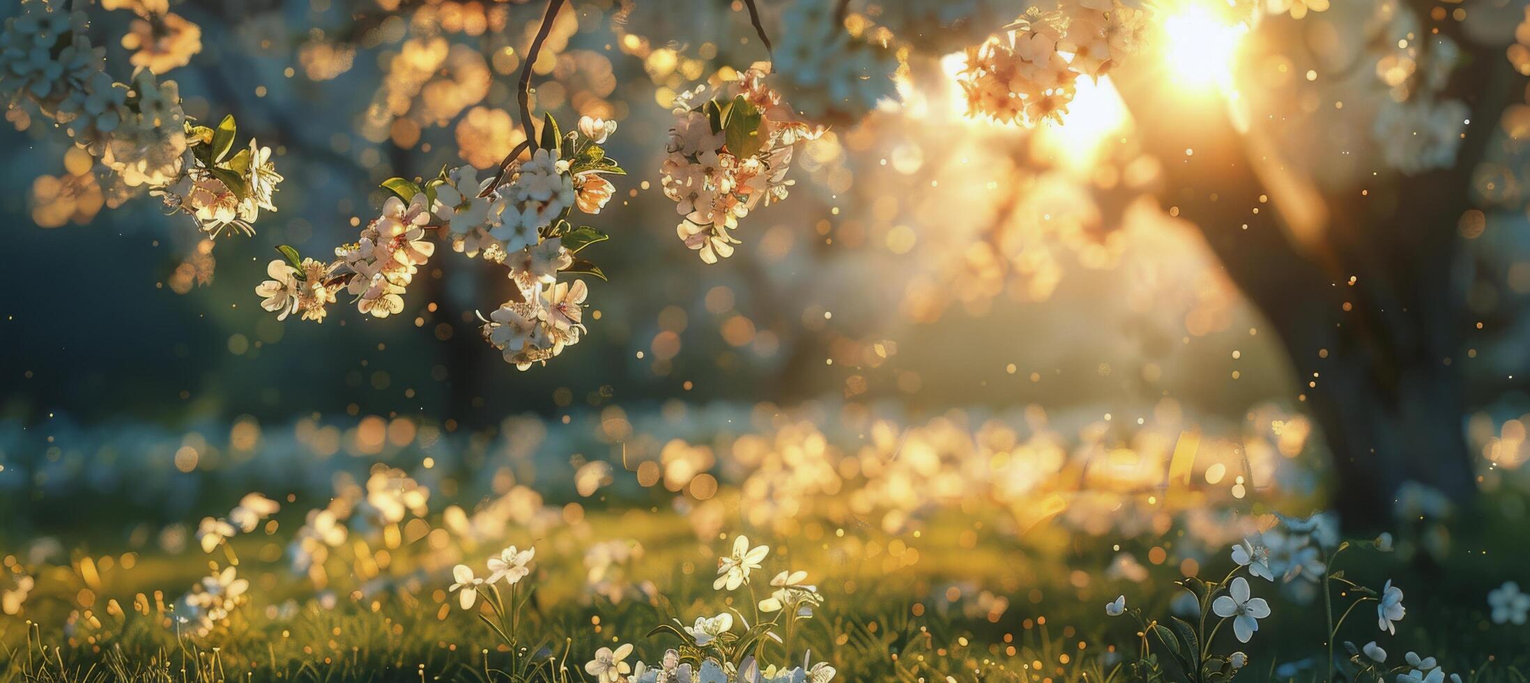 ai gerado Sol brilhando através floração árvore folhas foto