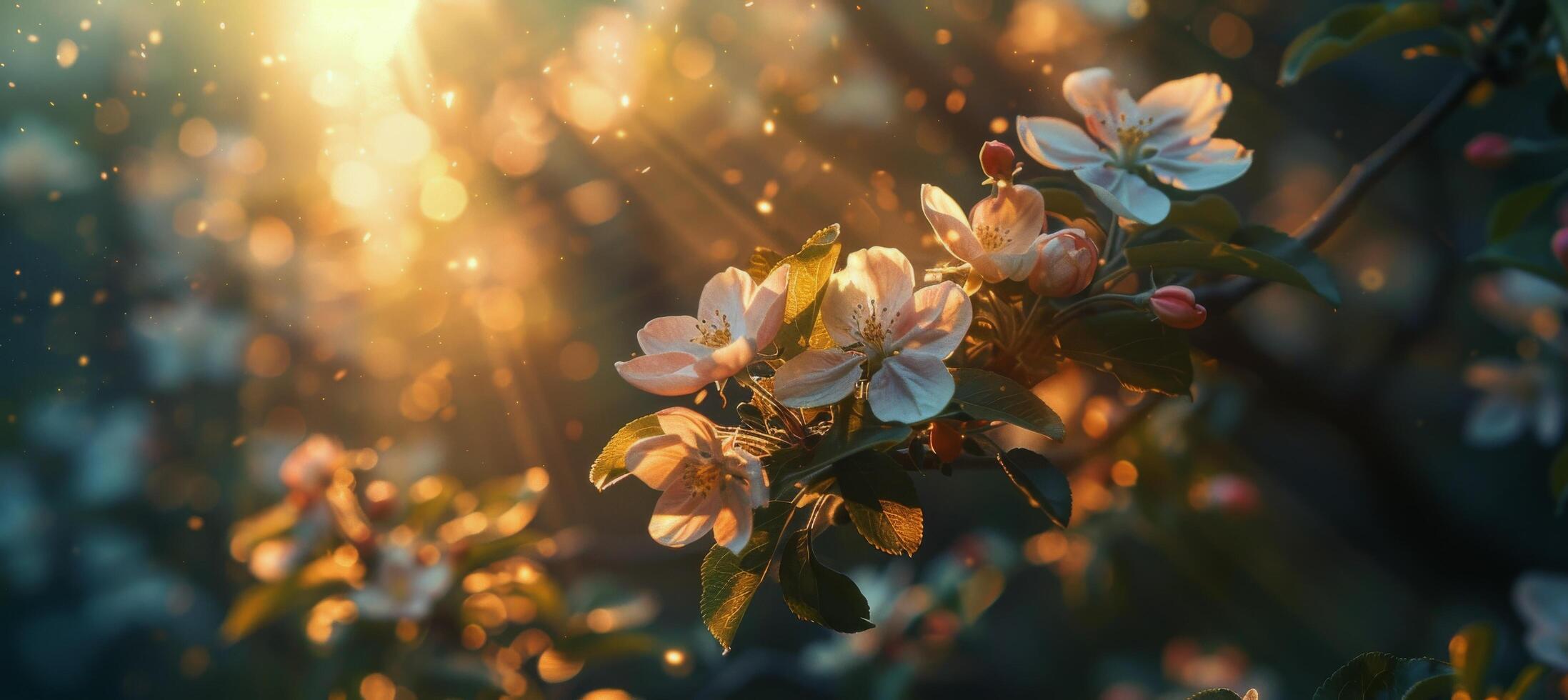 ai gerado Sol brilhando através floração árvore folhas foto