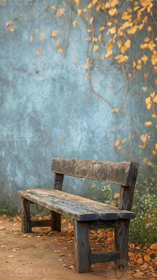 ai gerado resistido charme uma rústico, envelhecido de madeira Banco dentro sereno simplicidade vertical Móvel papel de parede foto