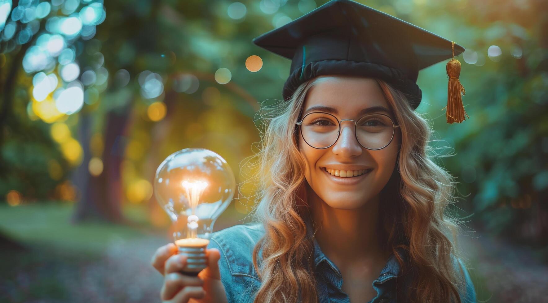 ai gerado graduado segurando luz lâmpada foto