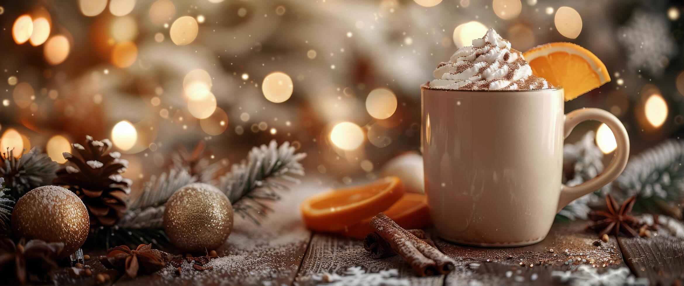 ai gerado copo do quente chocolate com açoitado creme e laranja fatia foto