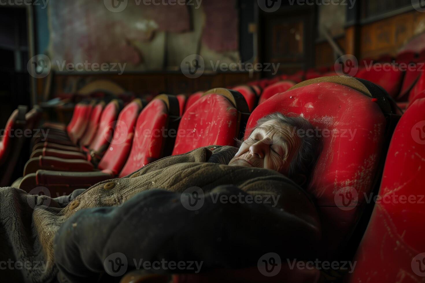 ai gerado mais velho pessoa dorme pacificamente no meio deteriorado vermelho assentos do uma abandonado teatro foto