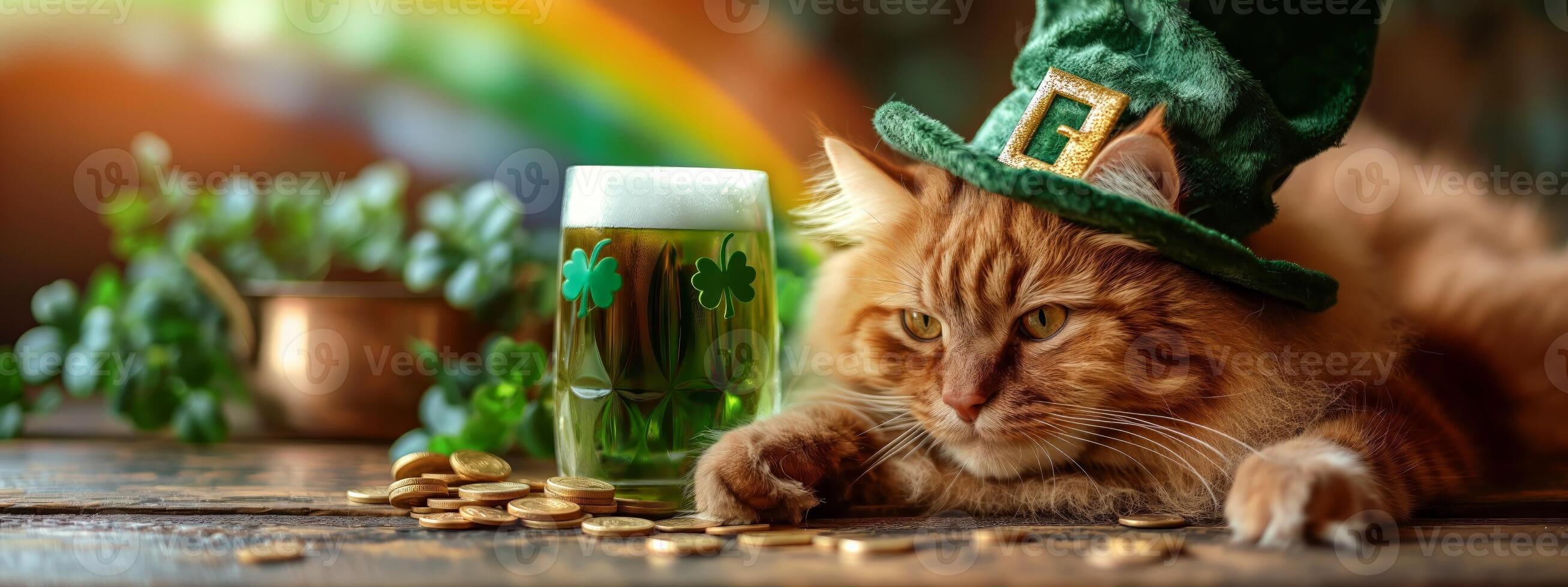 ai gerado festivo gato dentro duende chapéu com st. patrick's dia Cerveja foto