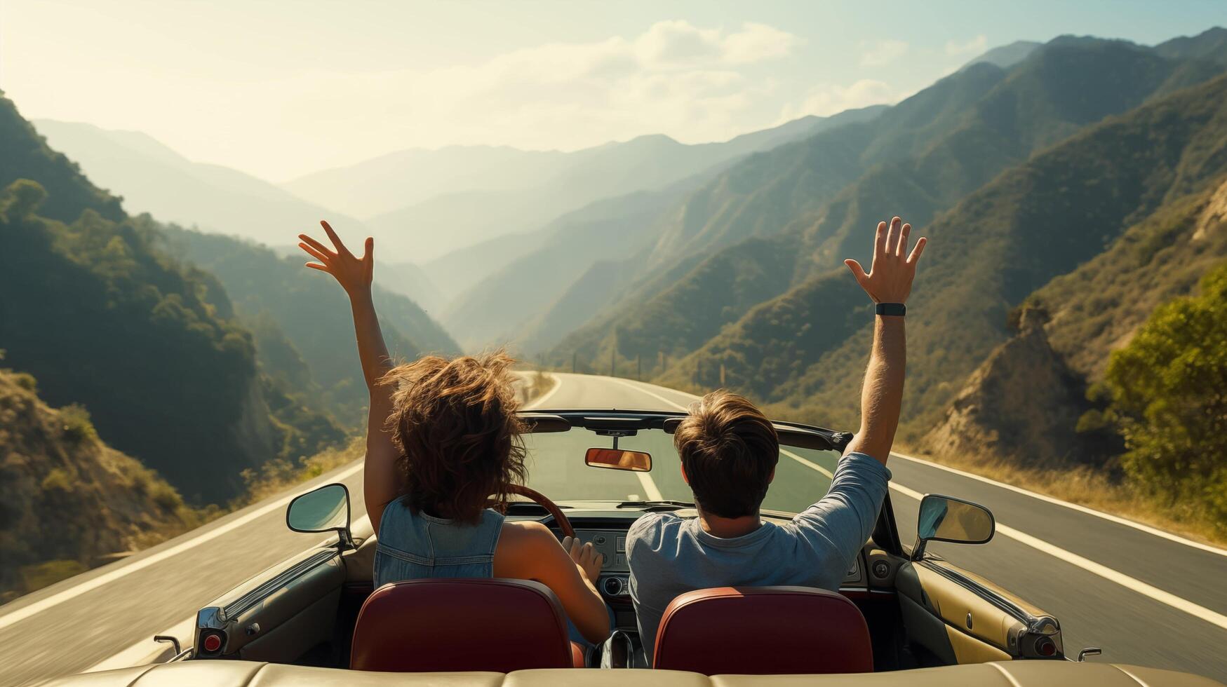 ai gerado casal em período de férias cruzeiro através enrolamento montanha estradas dentro conversível Esportes carro foto