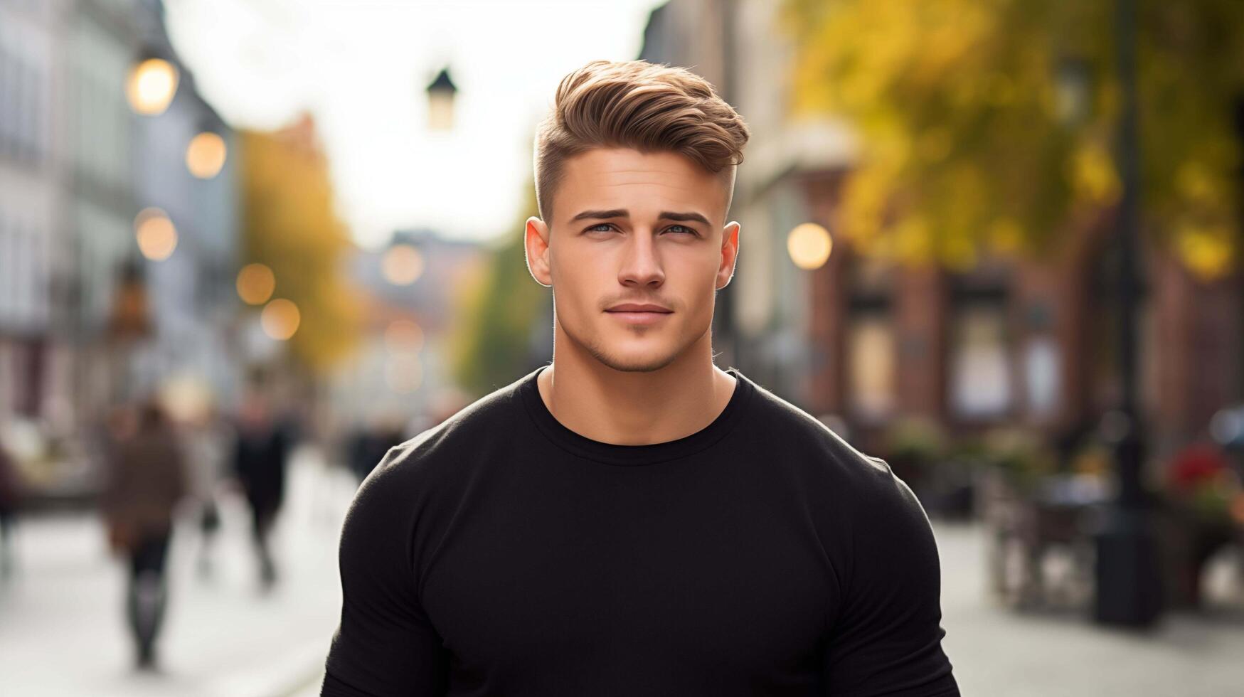 ai gerado a impressionante imagem do uma muscular masculino modelo dentro uma lustroso Preto algodão camiseta navegação através uma cidade rua preenchidas foto