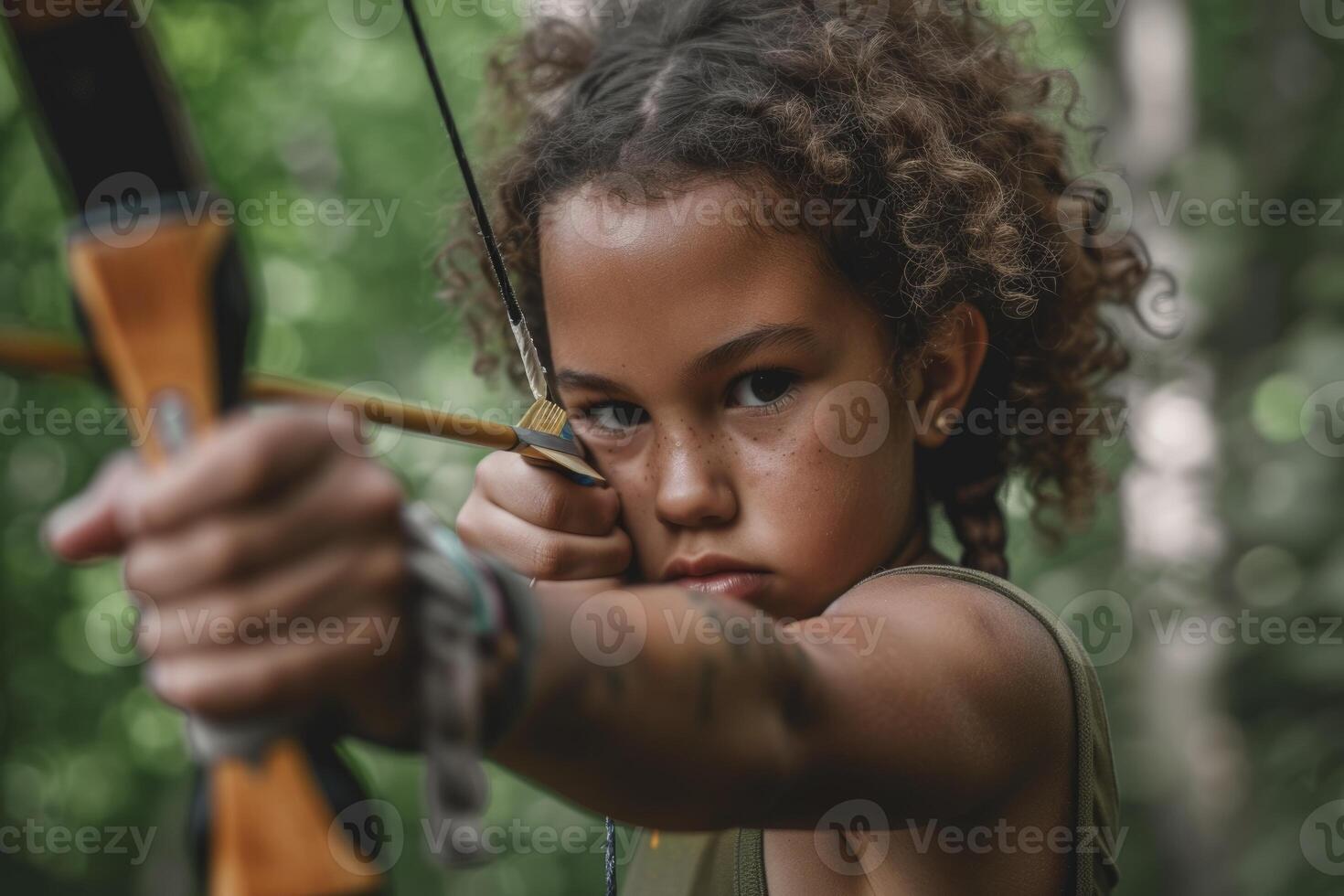 ai gerado fechar acima criança tiroteio uma arco às verão acampamento. generativo ai foto