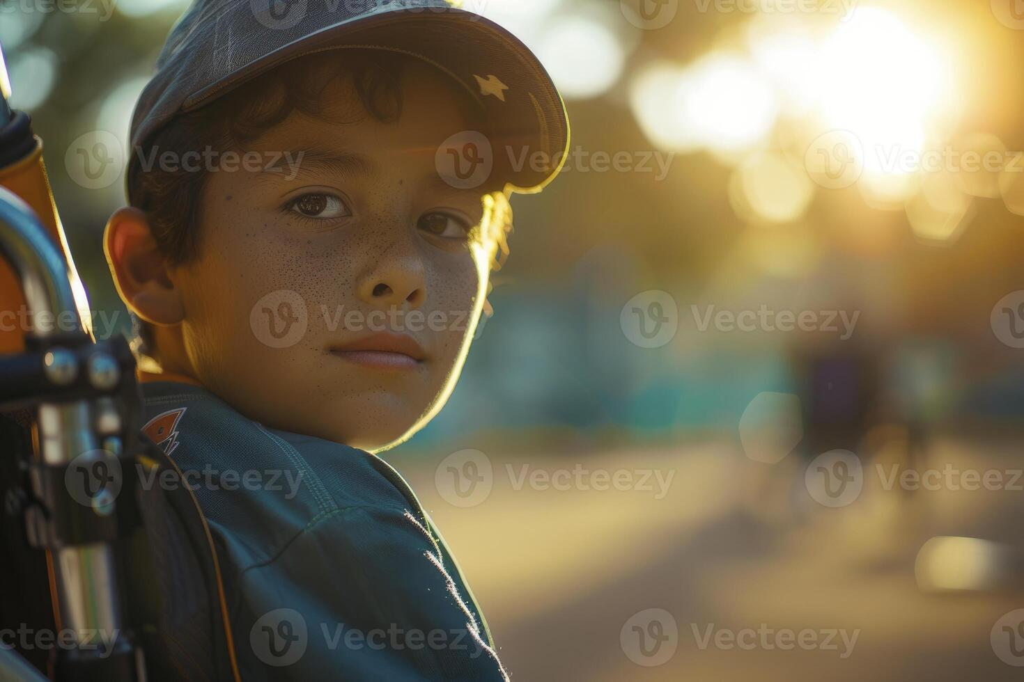 ai gerado criança dentro uma cadeira de rodas às verão acampamento. generativo ai foto