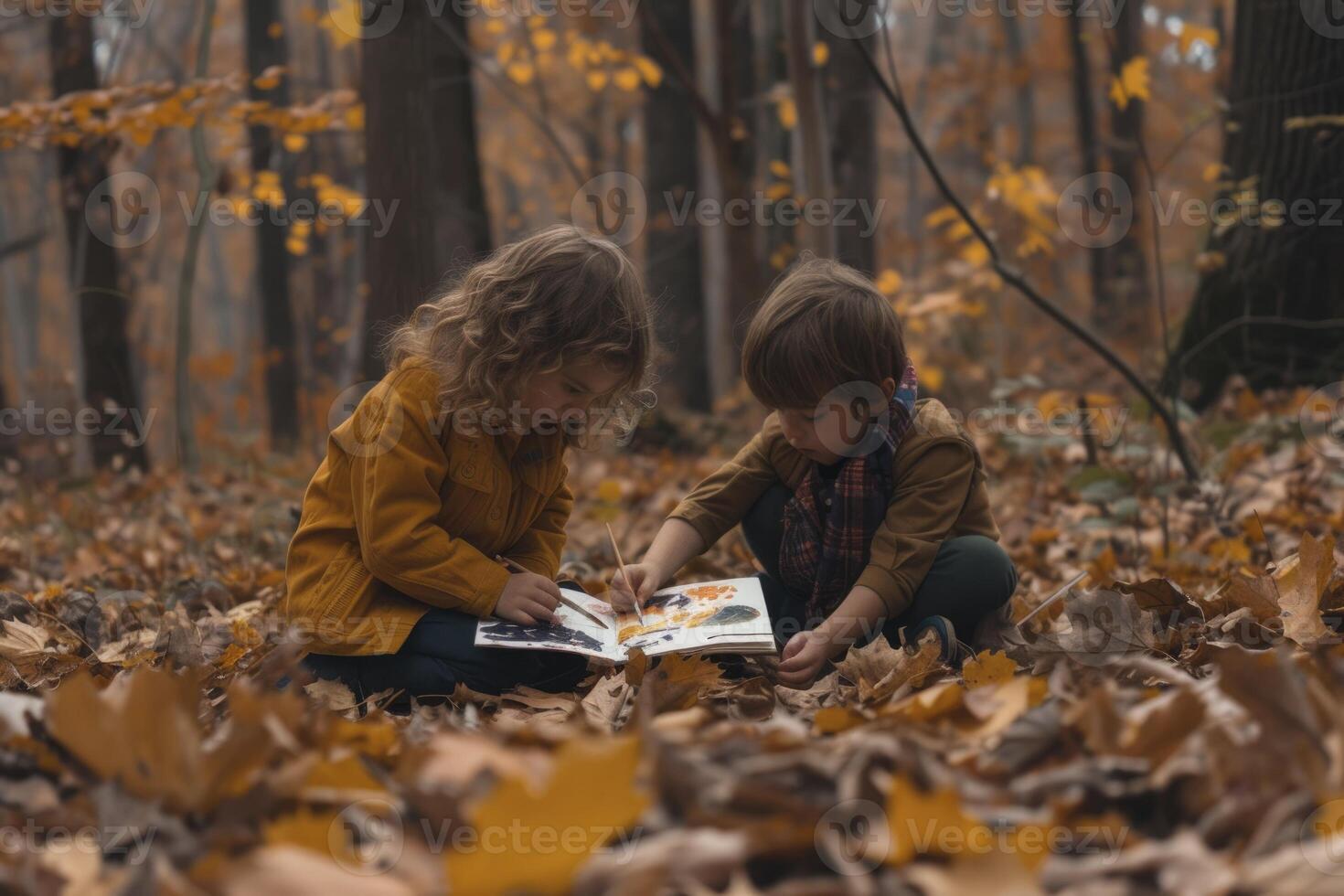 ai gerado crianças pintura dentro a meio do a floresta. generativo ai foto