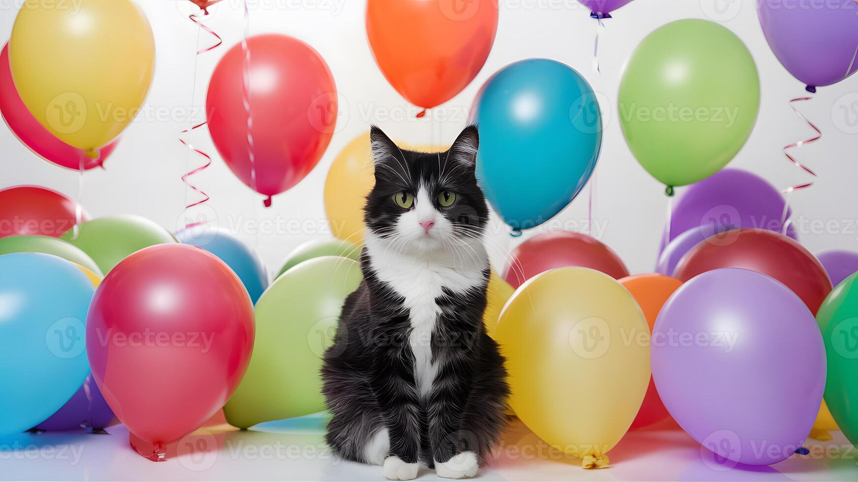 ai gerado Preto e branco gato às colorida balão festa, branco fundo foto