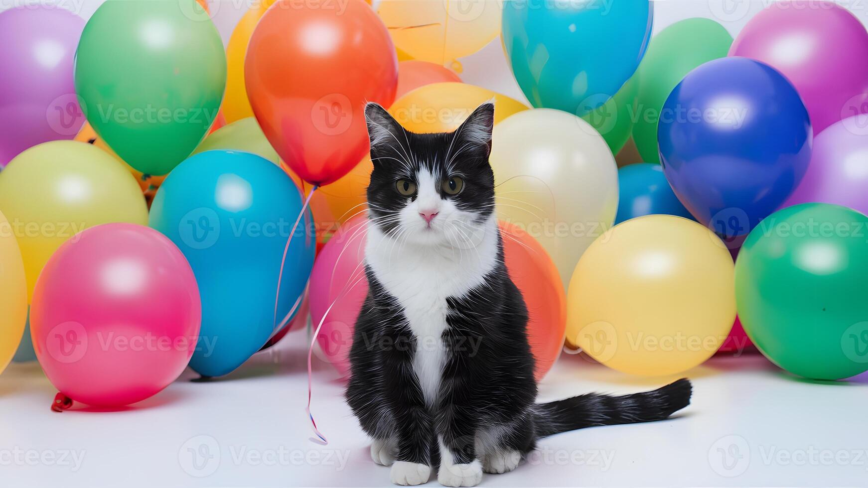 ai gerado Preto e branco gato às colorida balão festa, branco fundo foto