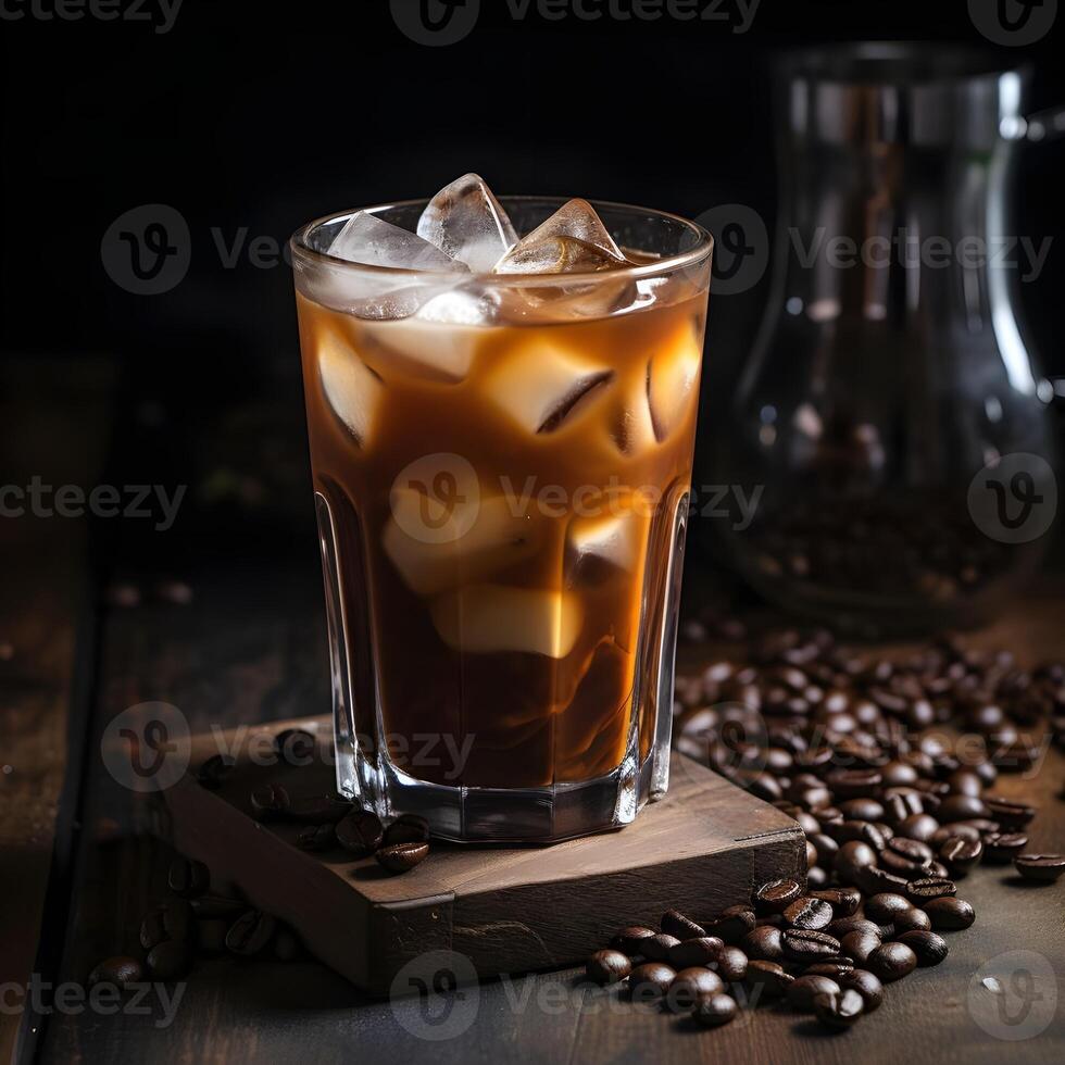 ai gerado frio beber com espresso e tônico dentro vidro em Preto fundo. frio espresso café tônico dentro uma vidro com gelo em uma de madeira mesa. foto