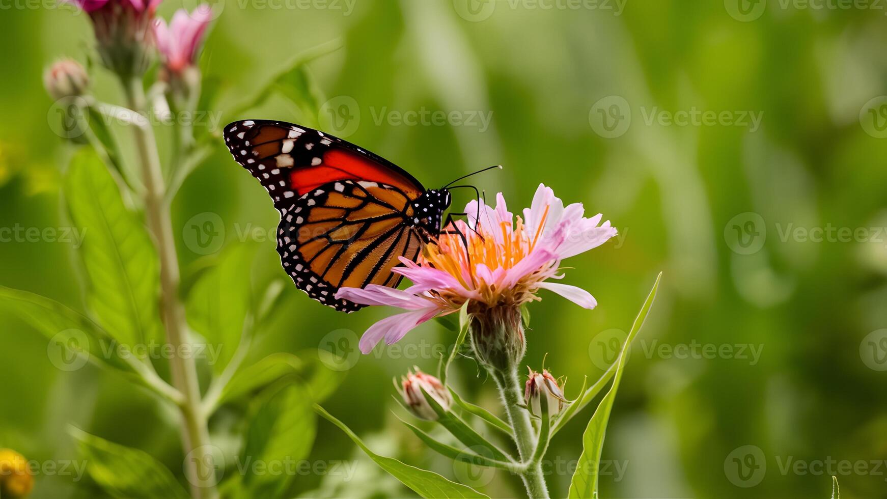 ai gerado verde vegetação pano de fundo luzes monarca borboleta em serralha flor foto