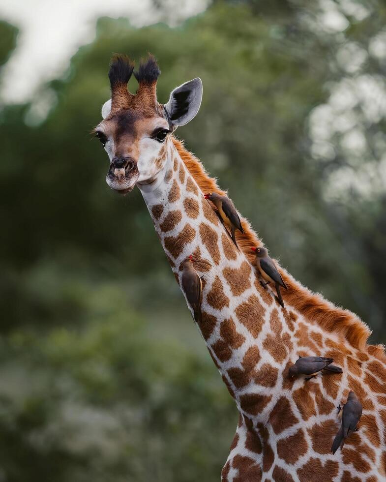 uma girafa com uma grupo do pássaros em Está cabeça foto