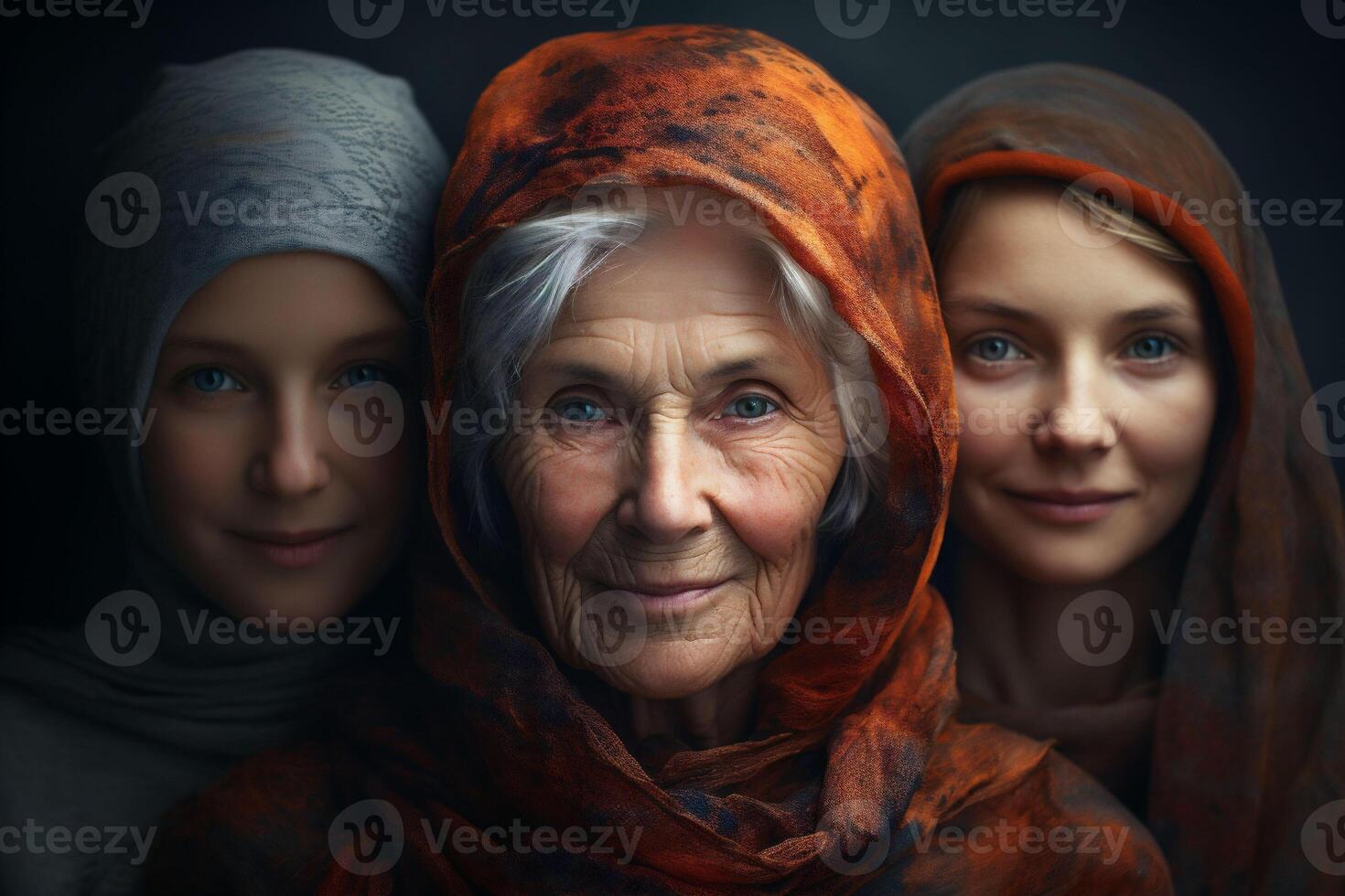 ai gerado retratos do uma avó com cinzento cabelo dentro uma cachecol e dois netas em uma cinzento fundo. a conceito do geracional diversidade, lindo envelhecimento e fêmea independência. foto