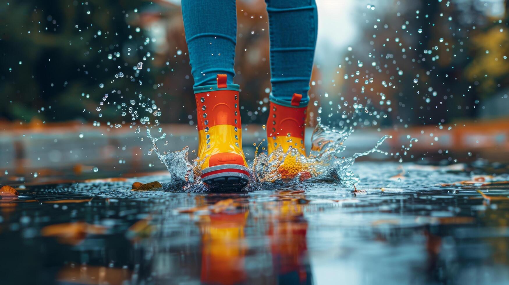 ai gerado pessoa espirrando através poça dentro colorida chuva chuteiras foto