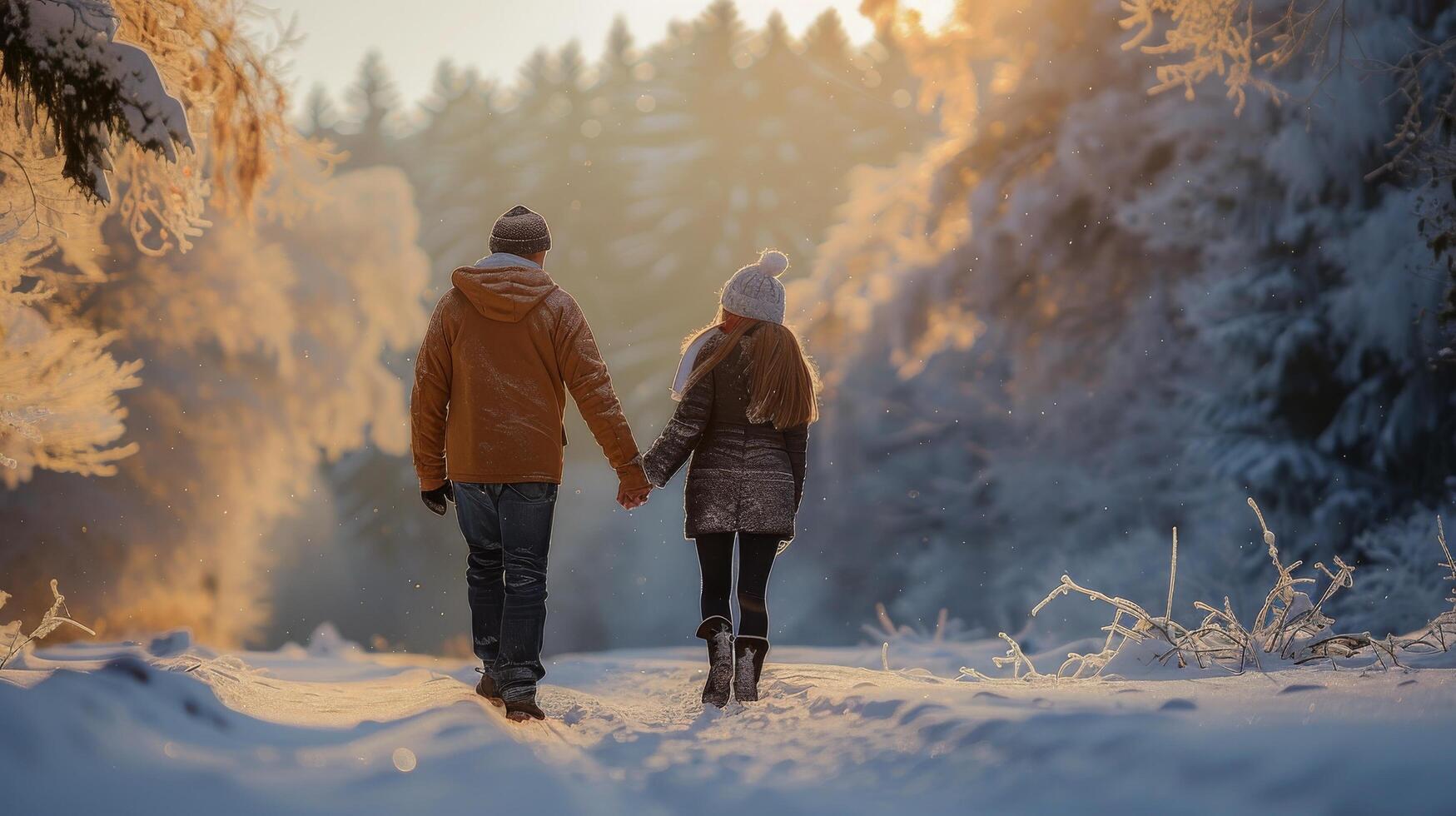 ai gerado dois pessoas caminhando dentro a neve segurando mãos foto