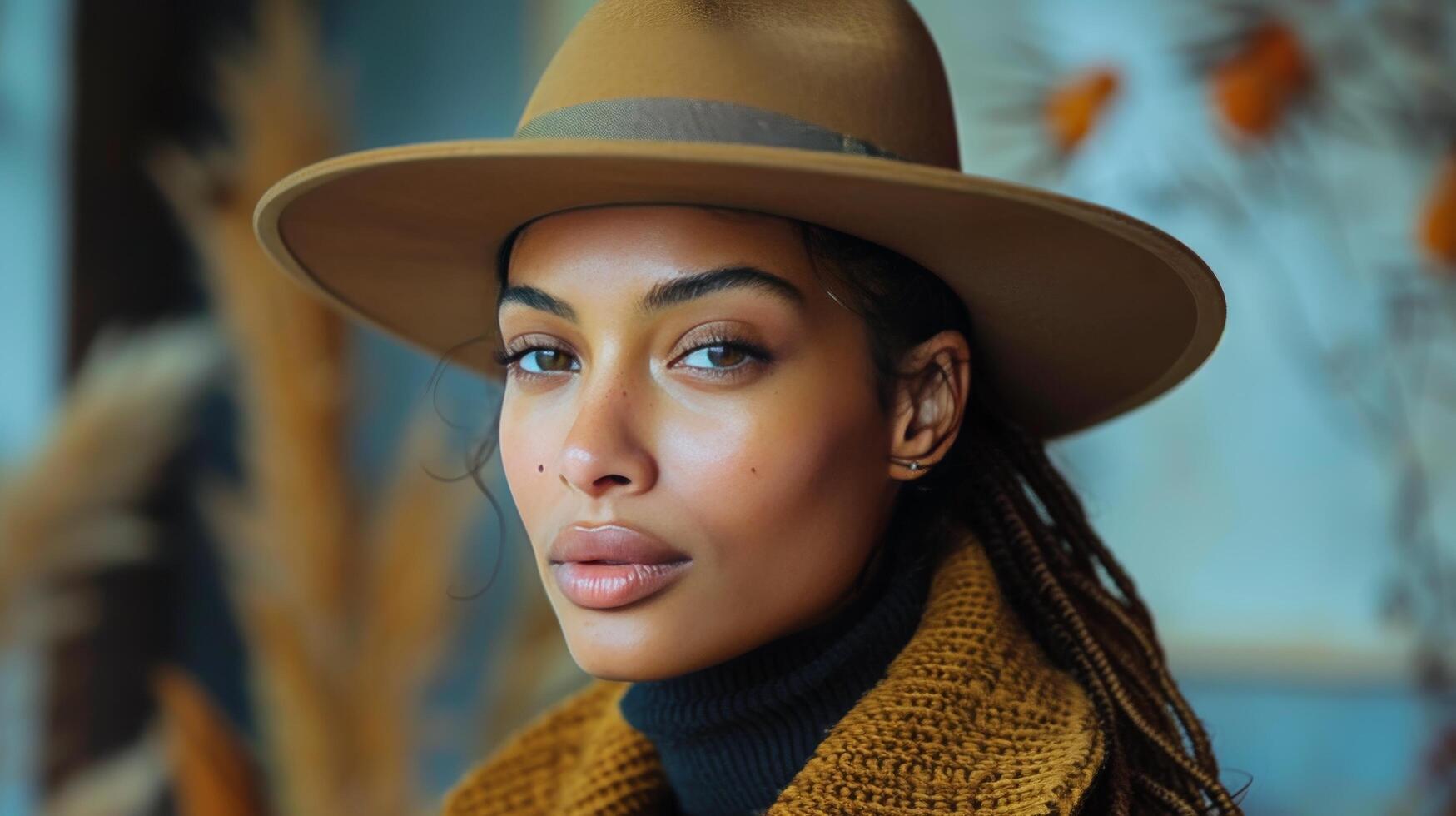 ai gerado mulher vestindo Castanho chapéu e cachecol foto