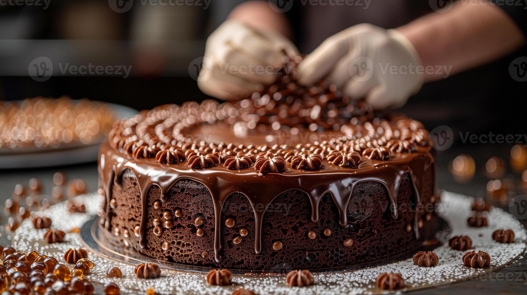 ai gerado chocolate bolo com chefe de cozinha mão fundo foto