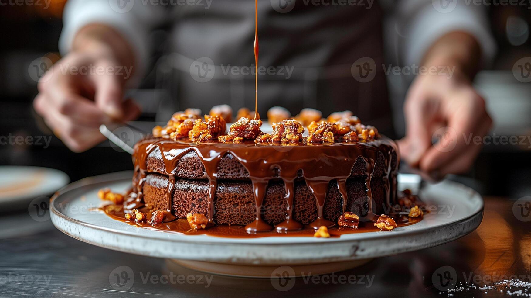 ai gerado chocolate bolo com chefe de cozinha mão fundo foto