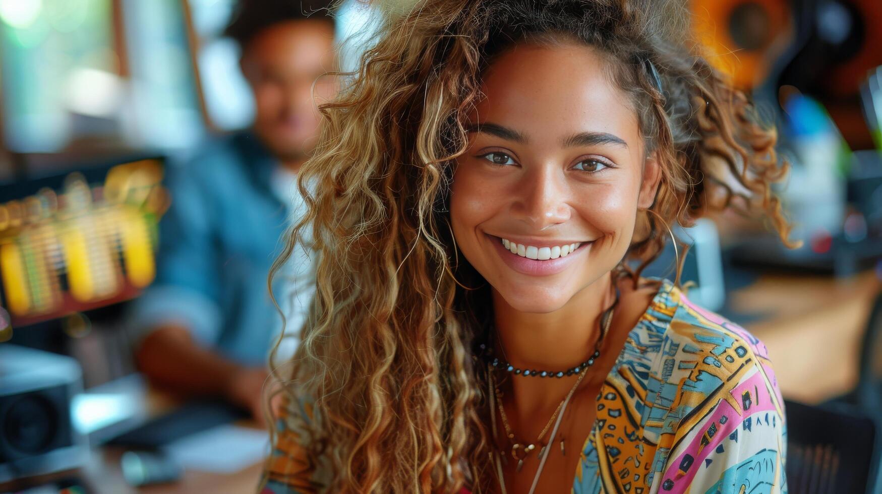 ai gerado sorridente mulher com encaracolado cabelo foto