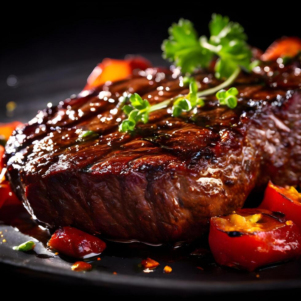 ai gerado grelhado carne bife com molho e guarnição, enfeite, adorno em Preto fundo foto