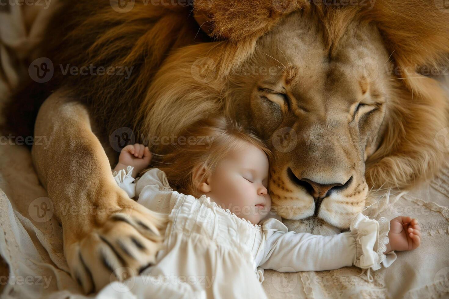 ai gerado uma bebê vestido dentro branco descansos com uma Castanho leão, destacando a atmosfera do serenidade. improvável harmonia entre humano e selvagem, apropriado para temas do unidade e proteção. foto