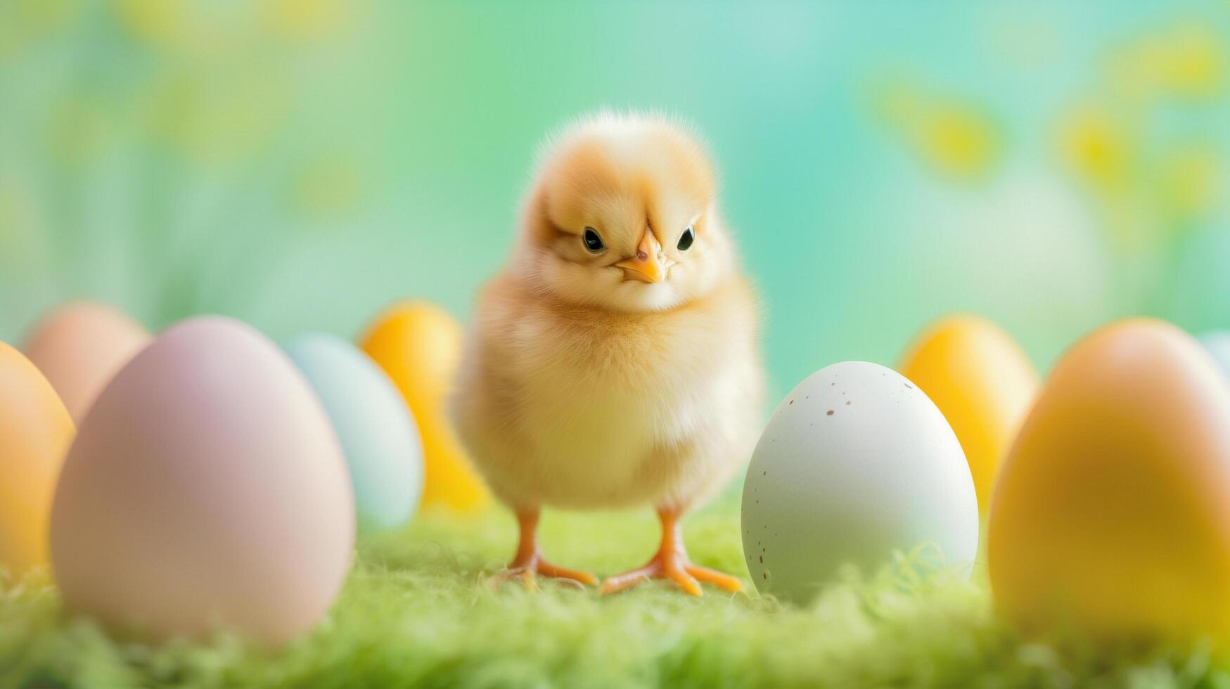 ai gerado feliz fofa Páscoa ovo pintinho com colorida ovos e verde grama. foto