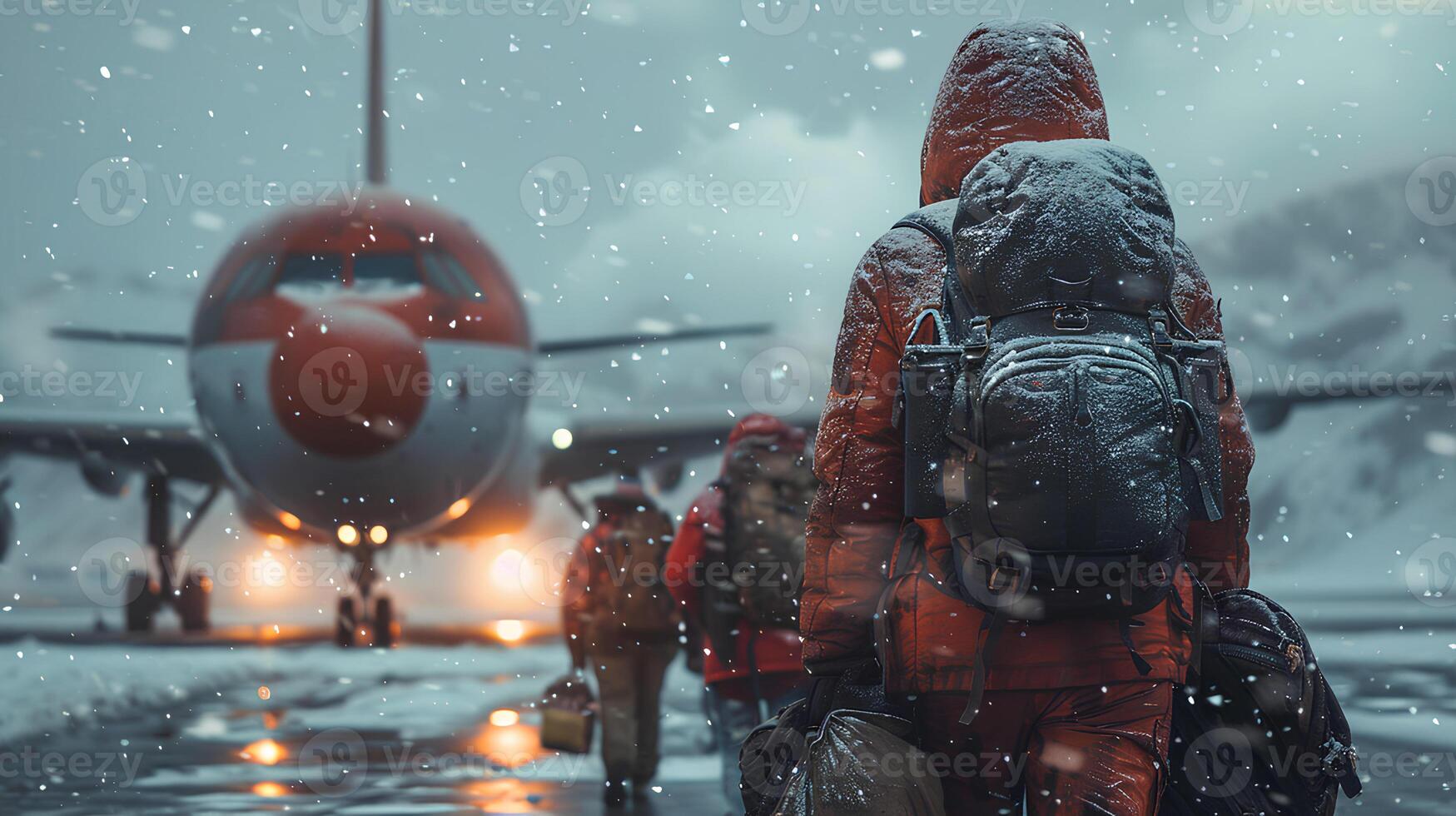 ai gerado masculino e fêmea turistas carregando mochilas e bolsas pressa para borda uma passageiro avião. em a aeroporto pista para borda uma avião dentro mau clima com uma pesado nevasca. foto