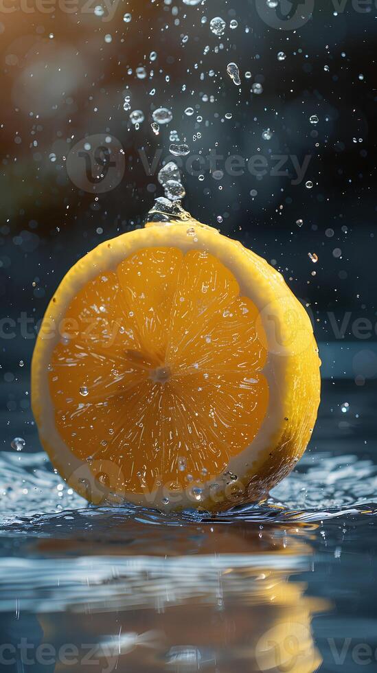 ai gerado fechar-se uma do maduro 1 limão, com água gotas, queda para dentro uma profundo Preto água tanque, embaixo da agua fotografia, contraste Aprimoramento, natural lento movimento capturar, dinâmico foto