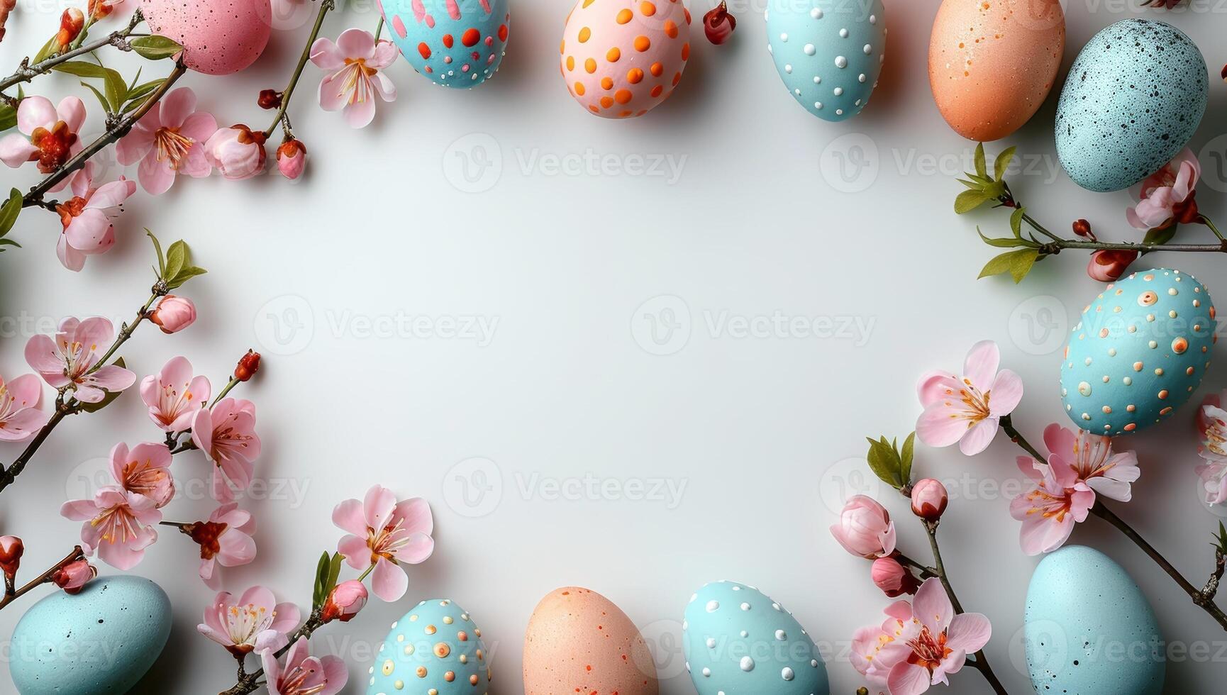 ai gerado colorida Páscoa ovos e Primavera flores em branco fundo, plano deitar. espaço para texto foto