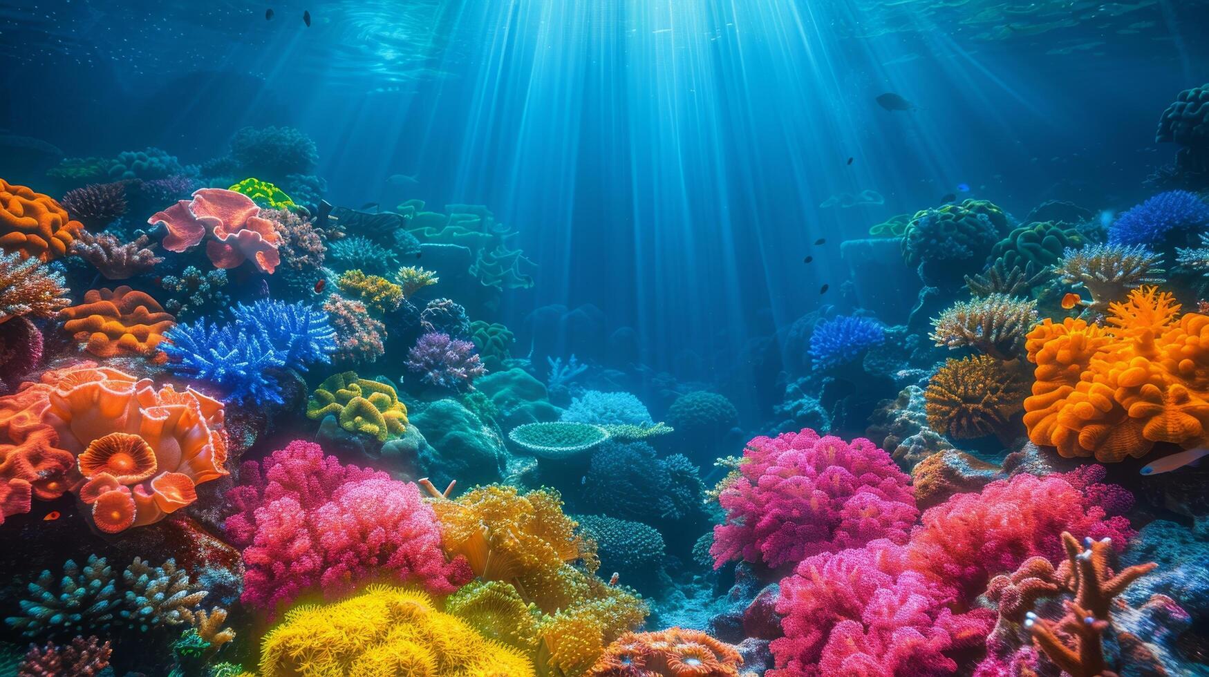 ai gerado embaixo da agua Visão do coral recife com raios solares foto