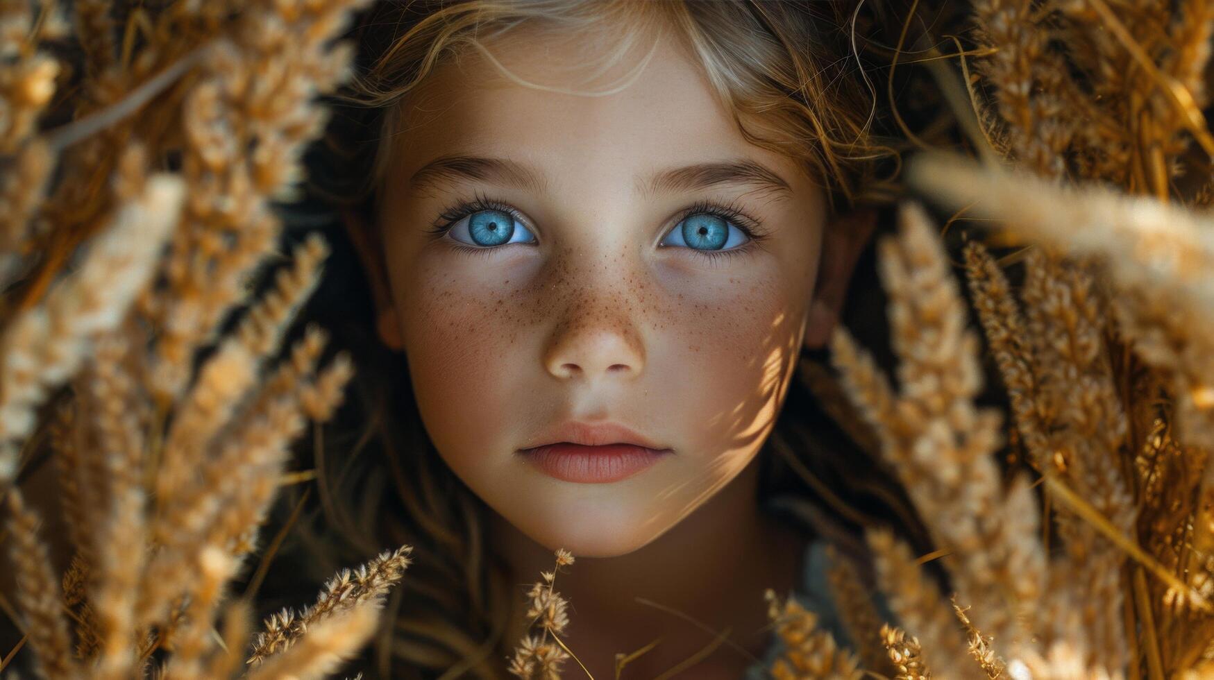 ai gerado jovem menina com azul olhos dentro trigo campo foto