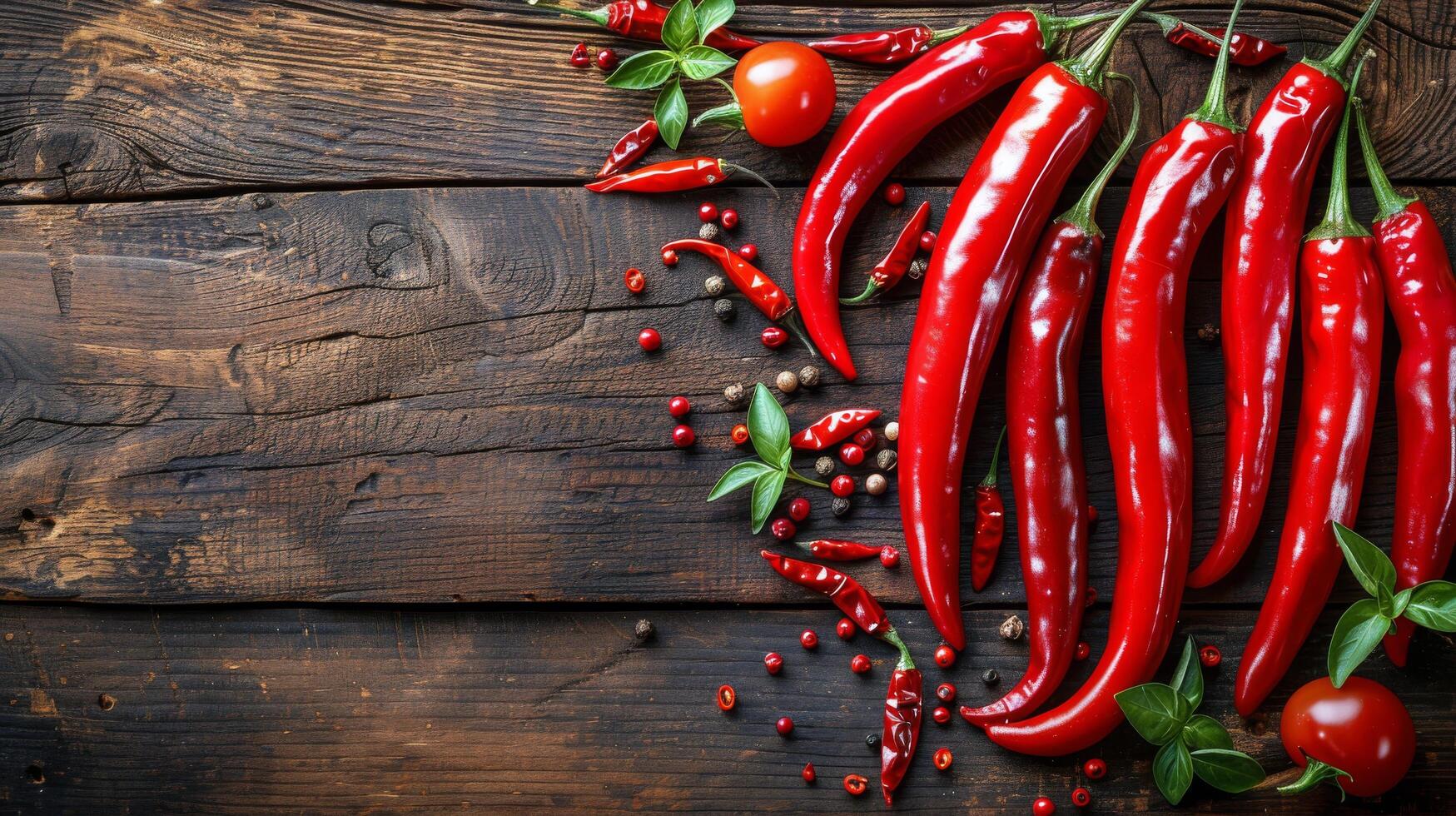 ai gerado de madeira bandeja com vermelho pimentas em mesa foto