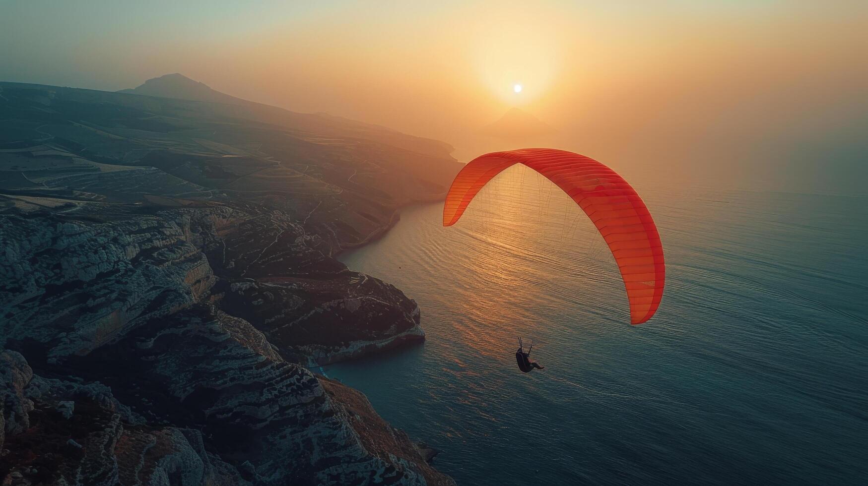 ai gerado parapente sobre montanha às pôr do sol foto